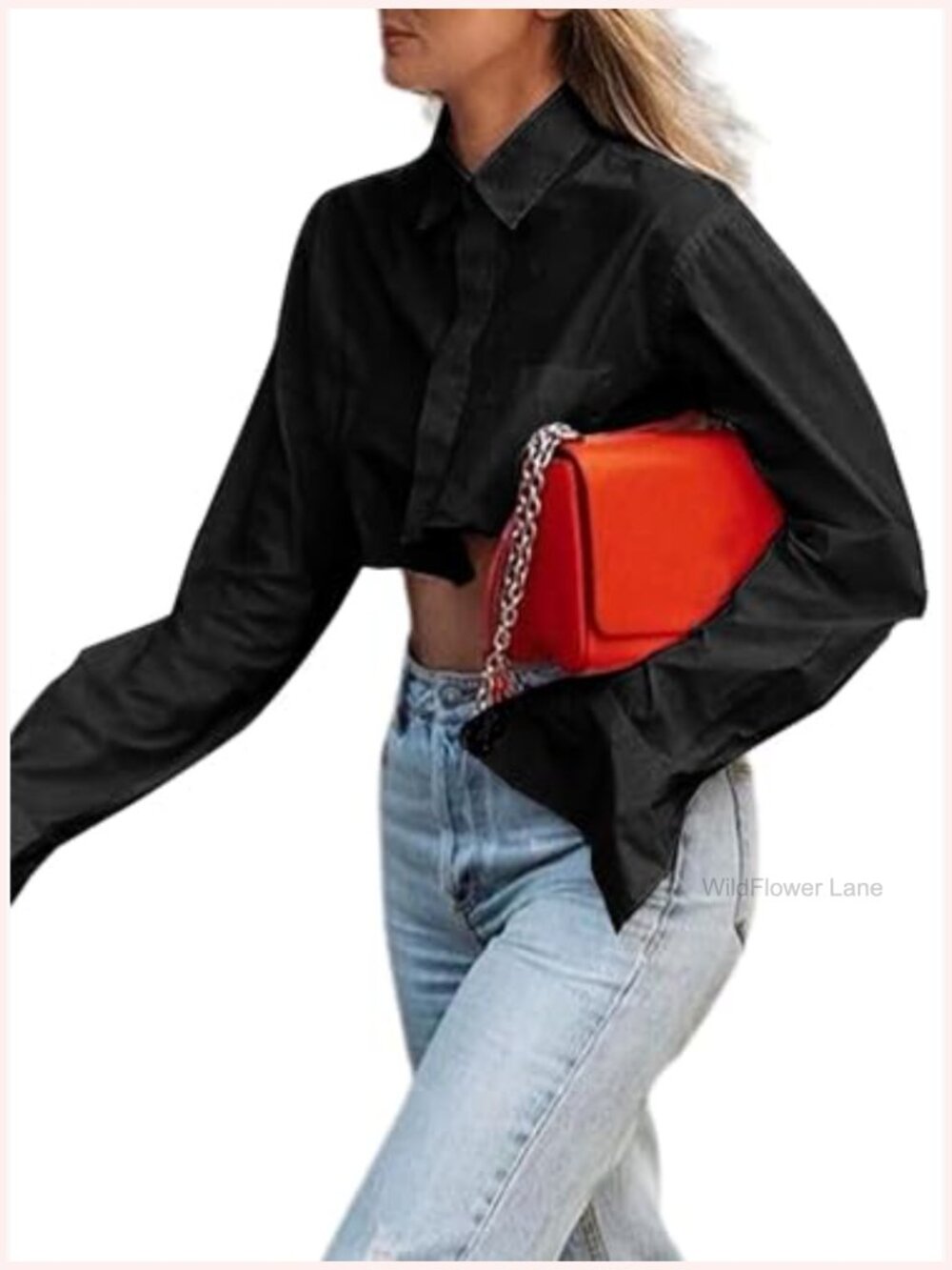Women Crop Button Down Shirt Asymmetric Hem Long Sleeve Collared Blouse Top - Picture 2 of 7